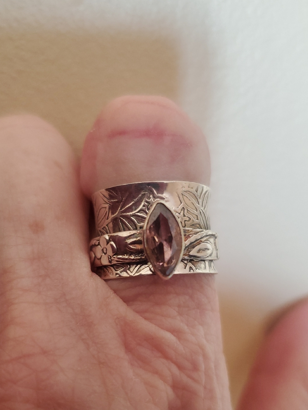Sterling-Style Floral Band Ring with Marquise Pink Gem